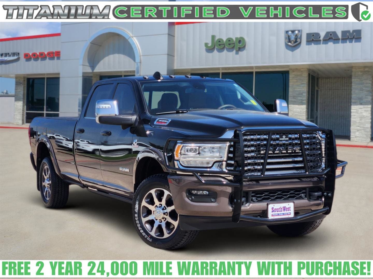 2024 RAM Ram 3500 Limited Longhorn Crew Cab 4x4 8' Box in Diamond Black Crystal Pearlcoat — front three-quarter view