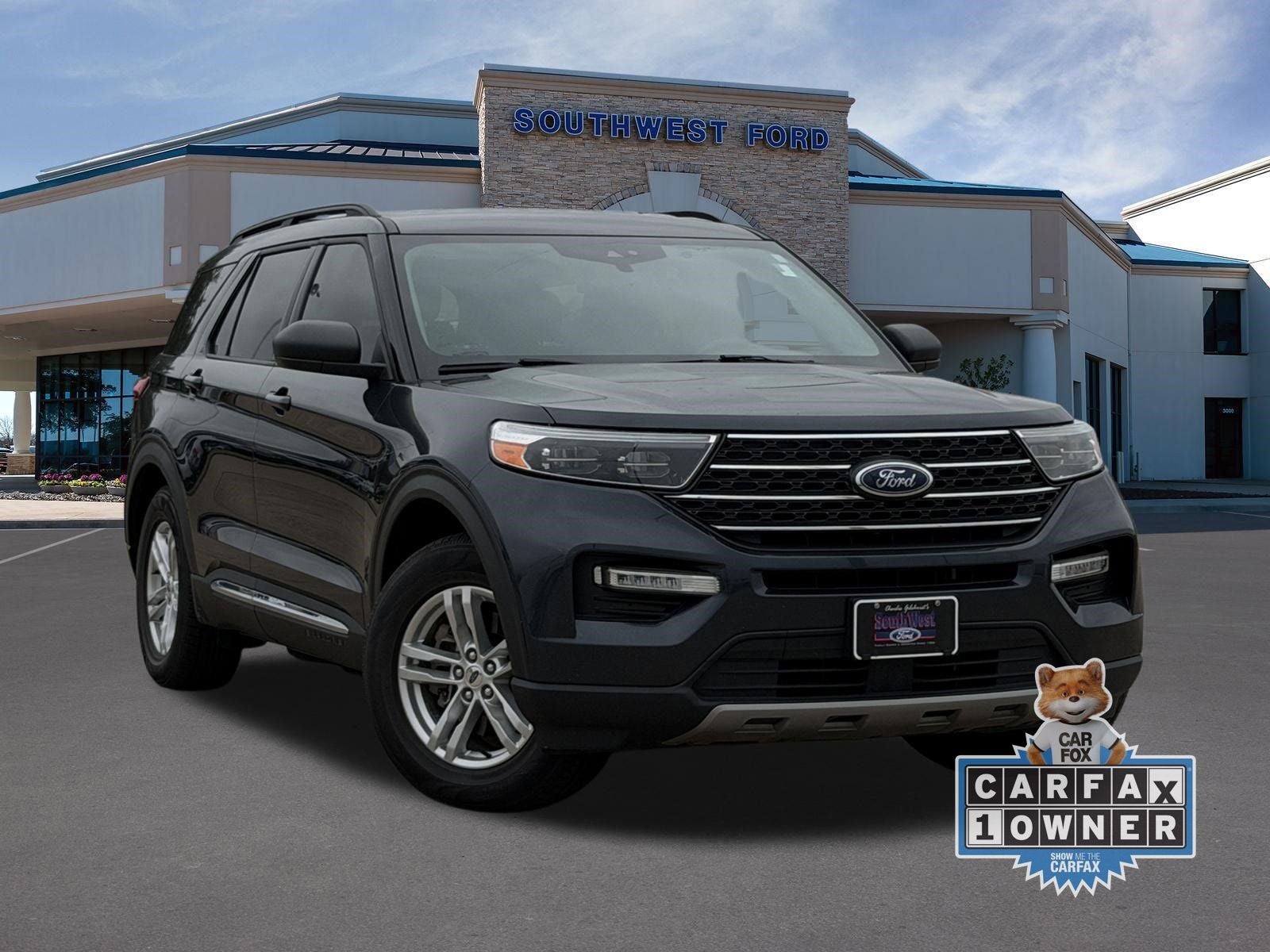 2022 Ford Explorer XLT in Stone Blue Metallic — front three-quarter view
