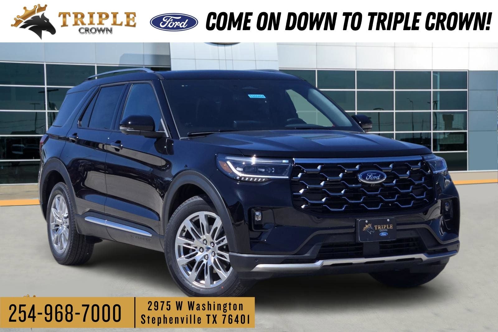 2026 Ford Explorer Platinum in Agate Black Metallic — front three-quarter view