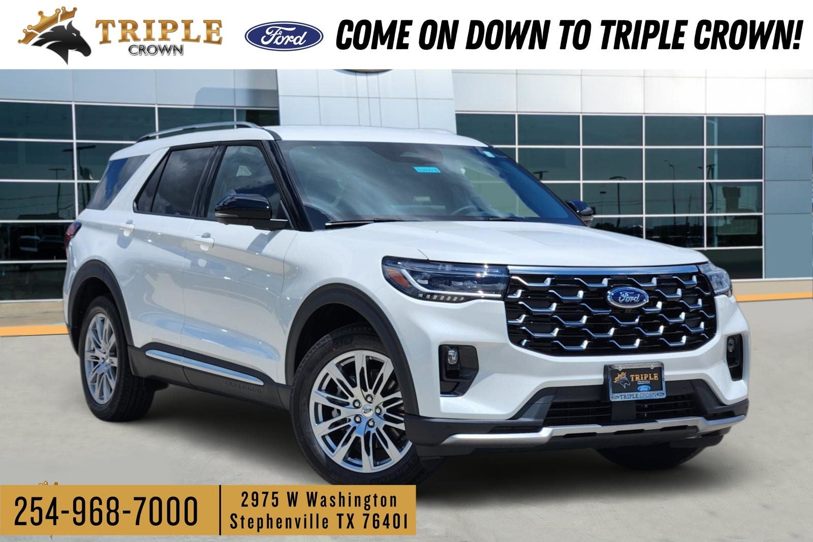2026 Ford Explorer Platinum in Star White Metallic Tri-Coat — front three-quarter view