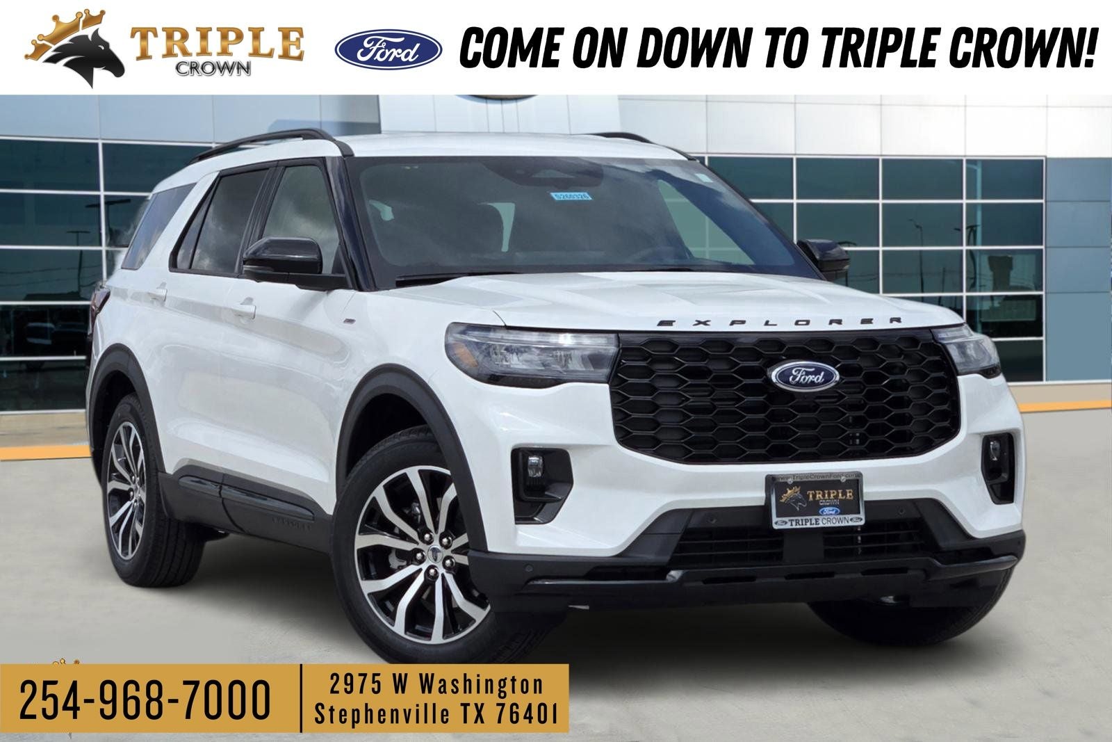 2026 Ford Explorer ST-Line in Star White Metallic Tri-Coat — front three-quarter view