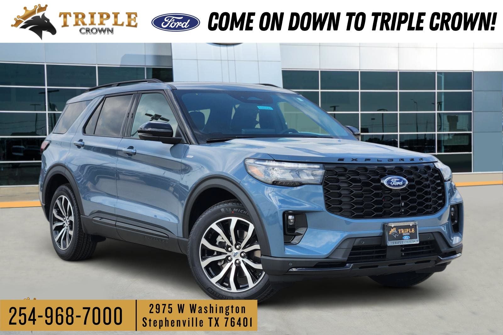 2026 Ford Explorer ST-Line in Vapor Blue Metallic — front three-quarter view
