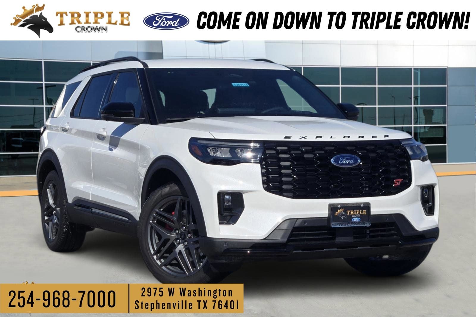 2026 Ford Explorer ST in Star White Metallic Tri-Coat — front three-quarter view