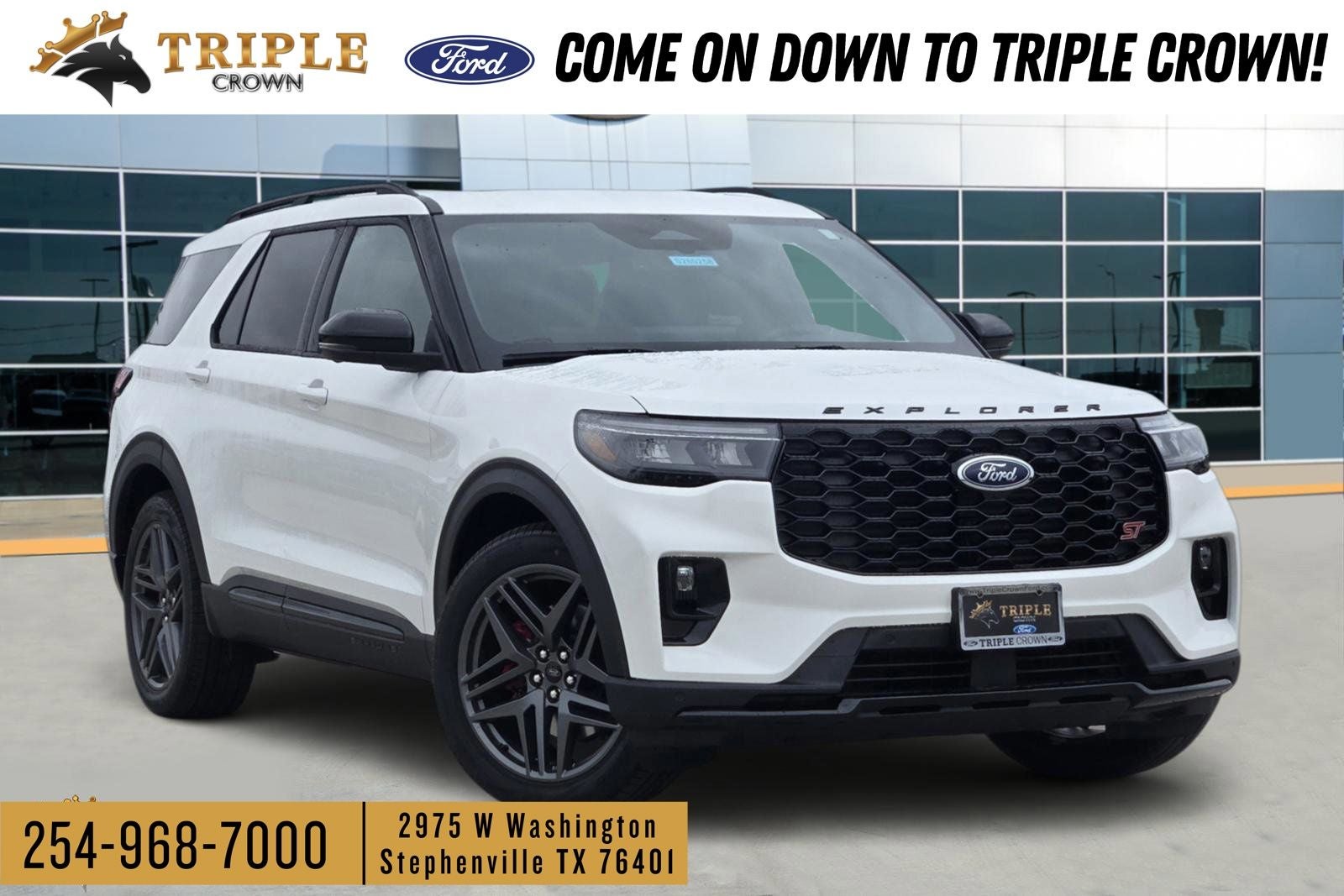 2026 Ford Explorer ST in Star White Metallic Tri-Coat — front three-quarter view