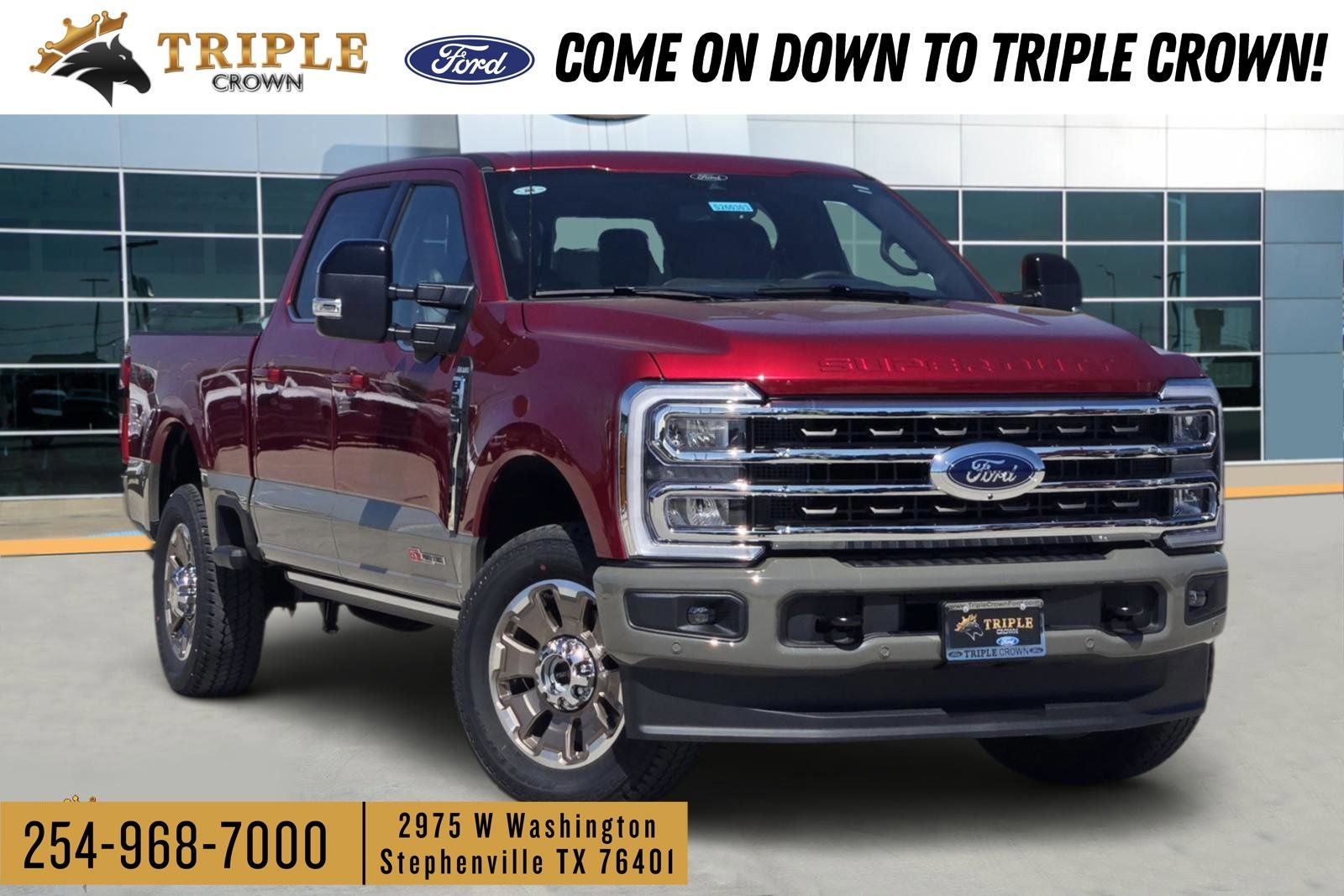 2026 Ford F-250SD King Ranch in Ruby Red Metallic Tinted Clearcoat — front three-quarter view