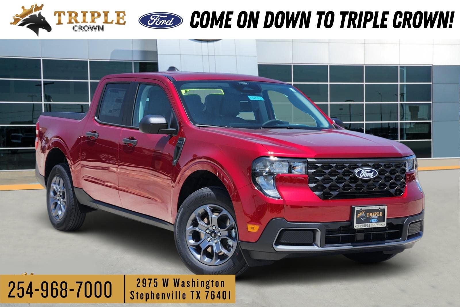 2026 Ford Maverick XLT in Ruby Red Metallic Tinted Clearcoat — front three-quarter view